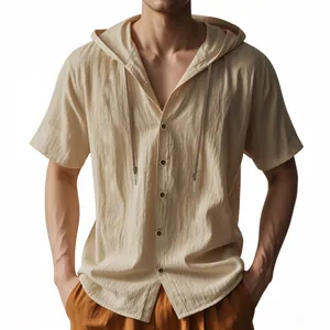 Close-up of casual men's short-sleeve hooded shirt featuring breathable beige textured fabric