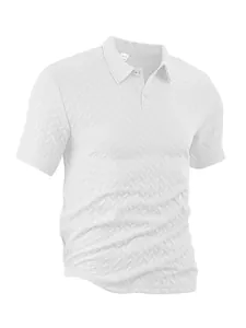 Detailed view of white waffle jacquard polo shirt with elegant herringbone texture.