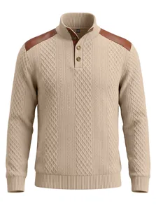 Detailed view of men's cable-knit sweater with brown shoulder patches and stand collar