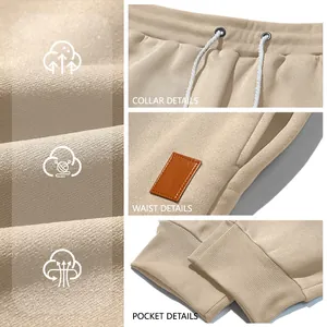 Detailed macro view of beige men's joggers fabric, drawstring waist, and ribbed cuffs.