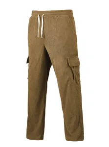 Detailed view of men's brown corduroy cargo pants with drawstring and side pockets.