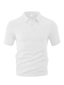 Detail view of white men's short sleeve polo shirt with textured jacquard pattern