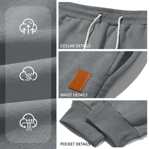 Detail view of gray men's joggers showing drawstring waist and ribbed cuff texture.