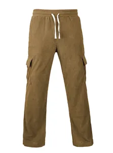 Detail view of brown corduroy cargo pants featuring side pockets and drawstrings.