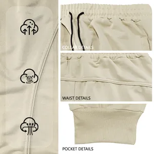 Detailed view of breathable fabric and ribbed cuffs on men's beige joggers