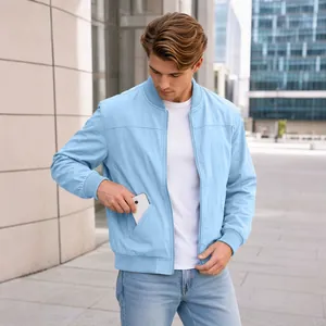 Stylish men's light blue American style bomber jacket with zipper pockets for outdoor wear.