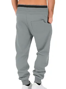 Rear view of comfortable grey men's sports joggers featuring elastic waist and pocket detail.