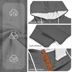 Detailaufnahmen eines grauen Jacquard-Herrenkapuzenpullovers mit Kragen und Nähten