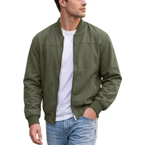 Men's classic olive green bomber jacket with front zipper and side pockets for outdoor wear.