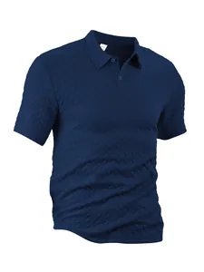 Detailed view of navy blue men's polo shirt with textured herringbone jacquard pattern