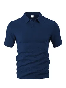 Close-up of the intricate navy blue chevron textured fabric on a men's short sleeve polo shirt