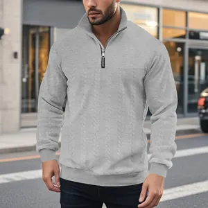 Grijze herensweatshirt met kwartrits, gebreid jacquardpatroon en warme lange mouwen