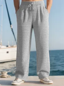 High-waist men's light gray ribbed straight leg casual pants with adjustable drawstring