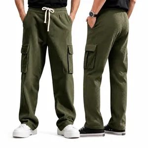 Men Corduroy Multi-Pocket Cargo Pants Drawstring Loose Straight Leg Vintage Casual Trousers Outdoor Fashion Bottom