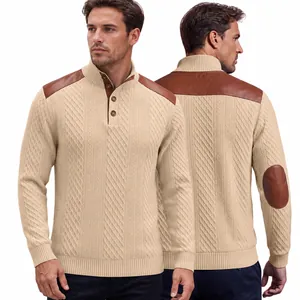 Men Vintage Casual Jacquard Textured Stand Collar Top Long Sleeve Leather Patchwork Sweatshirt Button Placket Sporty Pullover