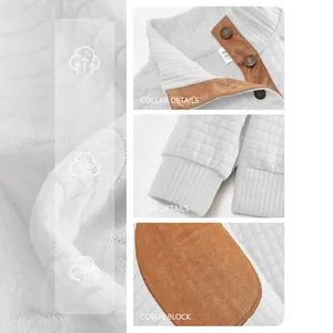 Gedetailleerde collage van wit heren sweatshirt met bruine opstaande kraag en manchetten.