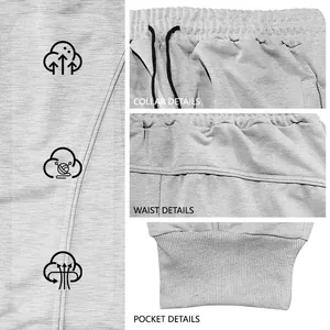 Close-up details of men's grey sports joggers showing breathable fabric and ribbed cuffs