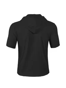 Detail view of a men's black short sleeve hooded casual shirt from the back.