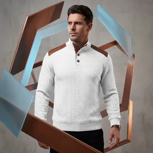 Men's white cable knit sweater with brown leather shoulder patches and stand collar