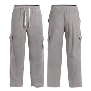 Men's stylish grey corduroy cargo pants featuring drawstring waist and large side pockets