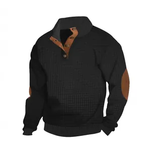 Heren casual sweatshirt met opstaande kraag, lederen bies en elleboogstukken, zwart