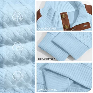 Men's textured jacquard knit sweater with stand collar and patchwork details