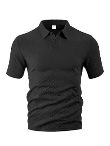 Detail of men's black polo shirt featuring a textured waffle jacquard pattern and collar.