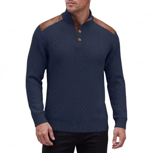 Men's textured jacquard stand-collar knit sweater with brown faux leather shoulder patches