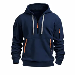 Herren Casual Halb-Reißverschluss Hoodie Fleece Gefüttert Outdoor Sport Pullover Sweatshirt Mit Kängurutasche Und Armtasche Kontrast Detail Top