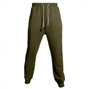 Olive green men's drawstring joggers with casual elastic waist and ribbed leg cuffs