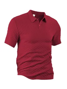 Detailed view of burgundy men's textured jacquard polo shirt on white background