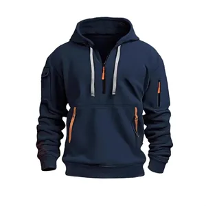 Herren Hoodie in Marineblau mit halbem Reißverschluss und Taschen für Herbst und Winter