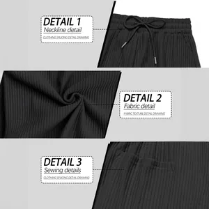 Detailed views of men's black ribbed casual trousers featuring drawstring waist and pocket