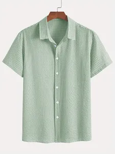 Men's retro green and white vertical striped short-sleeved shirt with classic collar detail