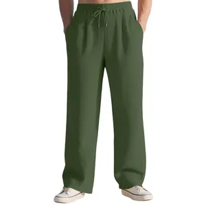 Men's dark green loose straight casual trousers with high waist and drawstring design
