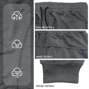 Detailed view of grey joggers showing fabric texture, waistband, and ribbed cuffs.