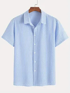 Men's vintage blue and white vertical striped short-sleeve shirt with seersucker texture