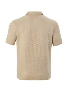 Back view of men's short sleeve polo shirt with textured waffle jacquard pattern.