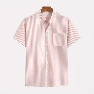 Men's vintage pink and white striped short-sleeve shirt featuring a casual band collar
