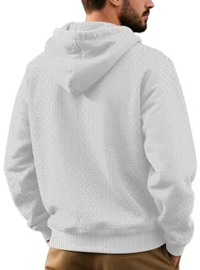Back view of men's white textured hooded sweatshirt showing jacquard knit detail