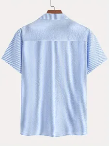 Rear view detail of a classic blue and white vertical striped men's short-sleeved casual shirt.