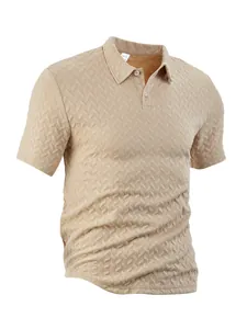 Close-up view of the khaki waffle jacquard fabric texture on a men's short sleeve polo shirt