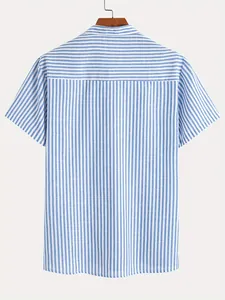 Back view of men's blue and white vertical striped short sleeve retro casual shirt.