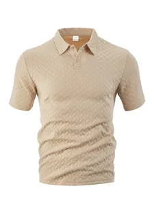 Detailed view of men's textured waffle knit polo shirt in khaki beige color