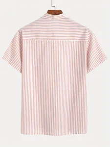 Detailed back view of men's American retro striped short-sleeve shirt in pink and white