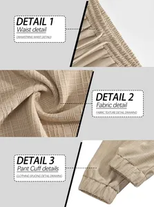 Detailed views of men's cargo pants showing drawstring waist, fabric texture, and ribbed cuffs.