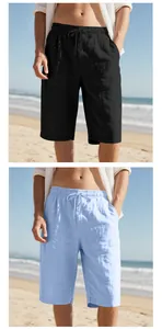 Men's breathable cotton linen shorts with drawstring waist in black and light blue