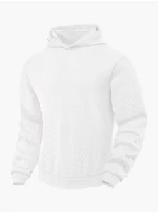Detailed view of white men's pullover hoodie featuring intricate jacquard texture.