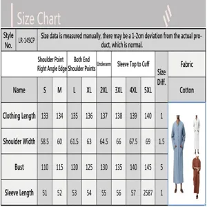 Tableau des tailles pour robe ethnique ample à manches longues pour homme en coton.