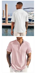 Dettagli camicia uomo slim fit con colletto alla coreana, vista fronte rosa e retro bianco